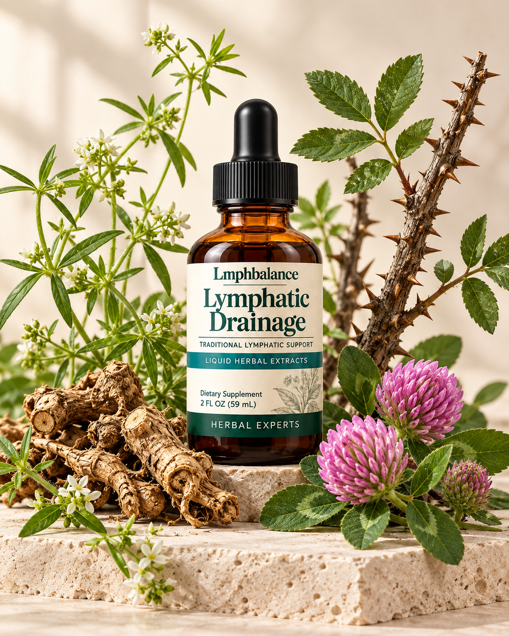 LymphBalance bottle surrounded by cleavers, stillingia root, red clover blossom and prickly ash bark