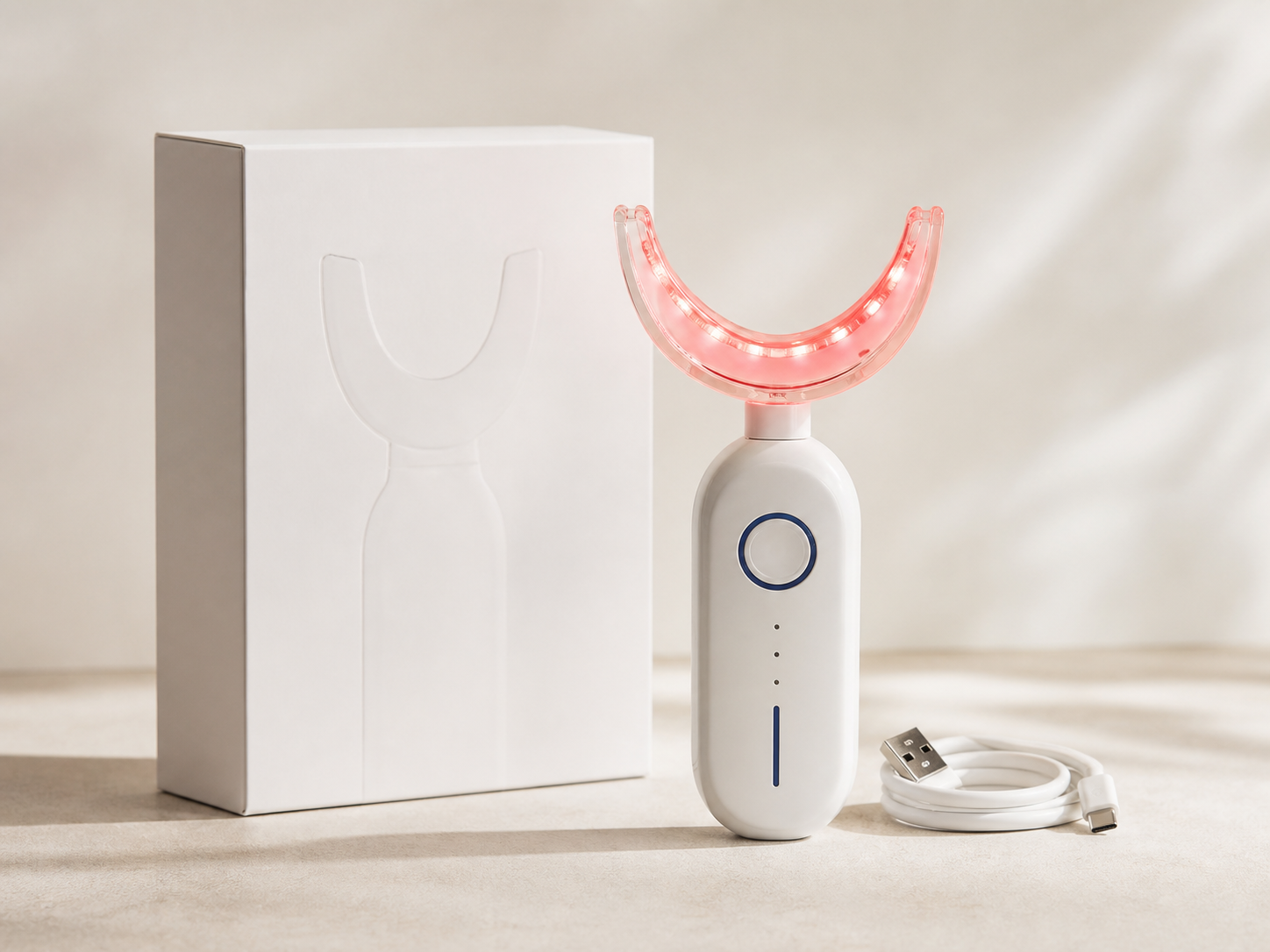 GumRevive red-light oral-care device with charging cable and box